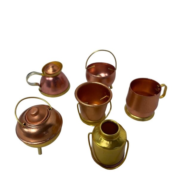 Copper Brass Colored Miniature Kettles Bowls Pots Pails Doll House - Picture 1 of 9